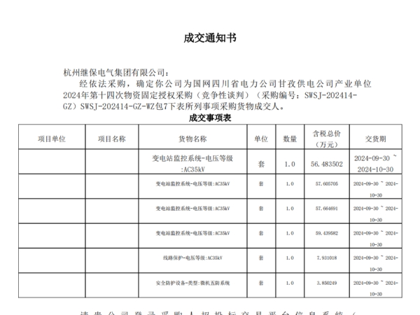 熱烈祝賀杭州繼保電氣中標(biāo)國網(wǎng)四川省電力公司甘孜供電公司產(chǎn)業(yè)單位 2024年第十四次物資固定授權(quán)采購項目